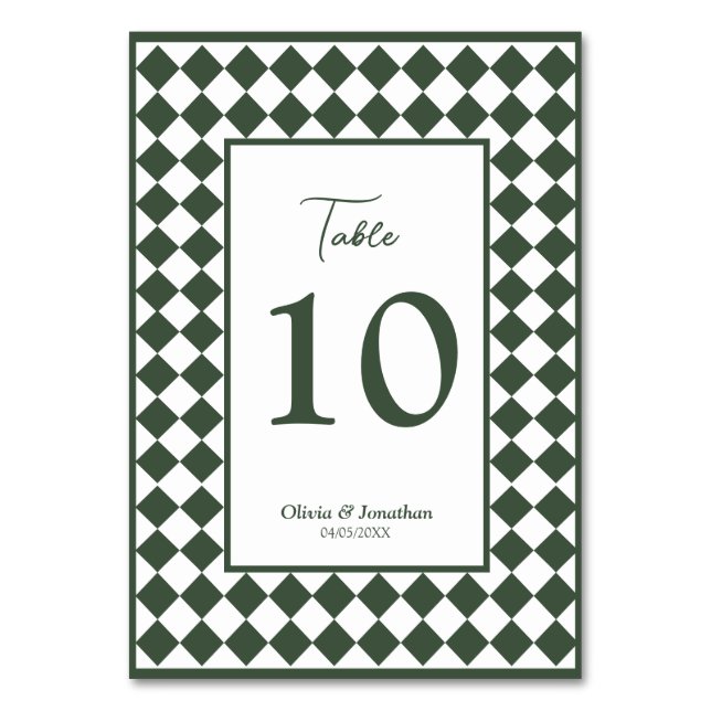 Checkered Simple Modern Dark Green Wedding Bordsnummer (Framsidan)