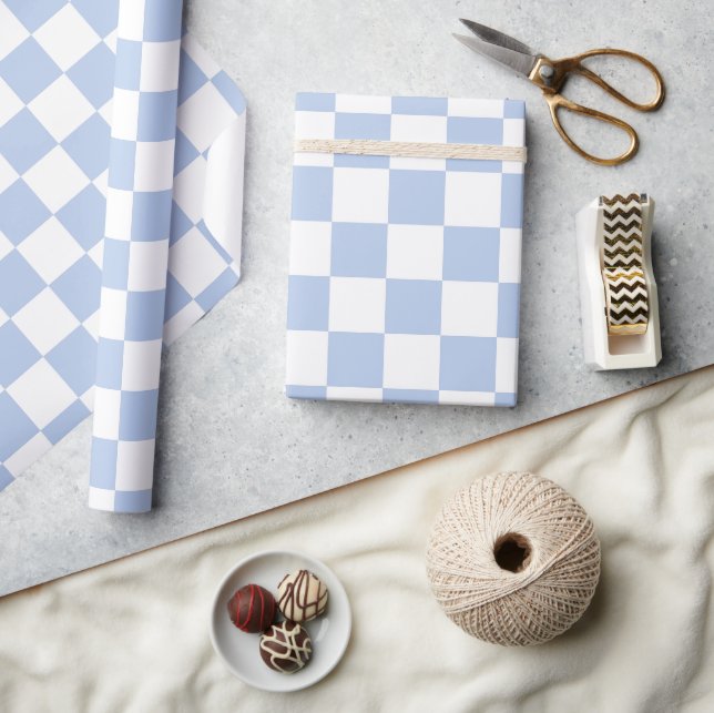 Checkered White Soft Sky Blue Wrapping Paper Roll Presentpapper (Hantverk)