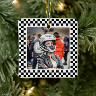 Checkers för fotosvart och vitt julgransprydnad keramik