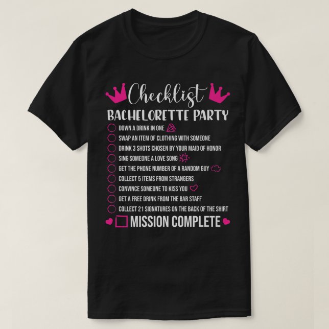 Checklist-spel för Bachelorette Party T Shirt (Design framsida)