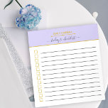 Checklista för personlig Lilac och Guld to Do List Anteckningsblock<br><div class="desc">Enkel och elegant att göra lista, i trendig lilac och guld. Mallen är inställd för att du ska anpassa checklistan med ditt namn och du kan också anpassa titeln, som för närvarande läser "Dagens lista att göra lista" om du vill. Utformningen omfattar styrt linjer och kryssrutor för att behålla reda...</div>