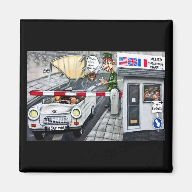 Checkpoint Charlie,Berlin, Tecknad Magnet (Framsidan)