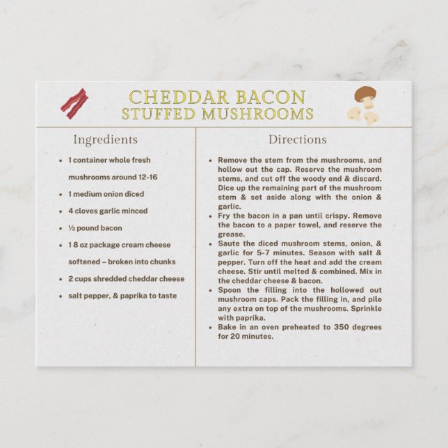 Cheddar Bacon Fyllda Svamprecept Kort Mat (Framsida)