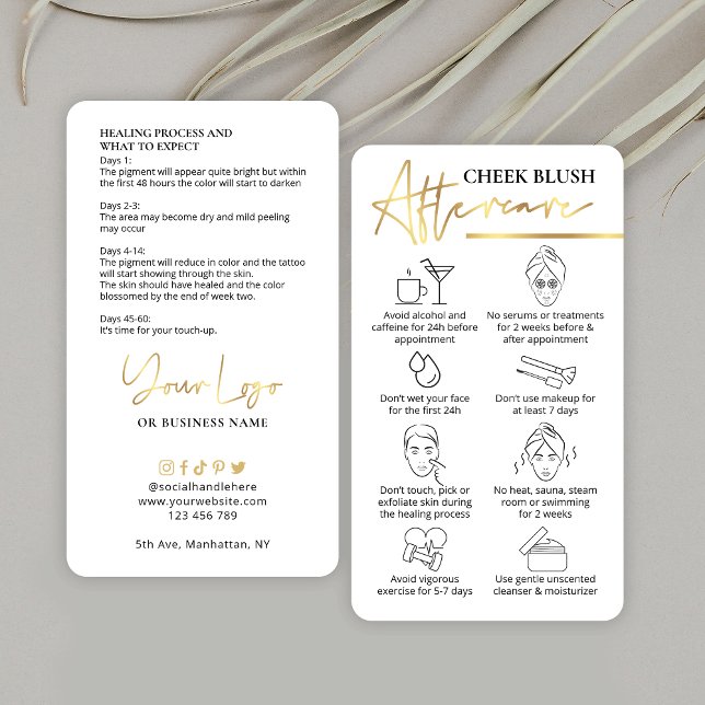 Cheek  Care Instructions Metallic Guld PMU Visitkort (Trendy & chic Cheek Blush Aftercare instructions cards with faux gold effects & space for your logo)