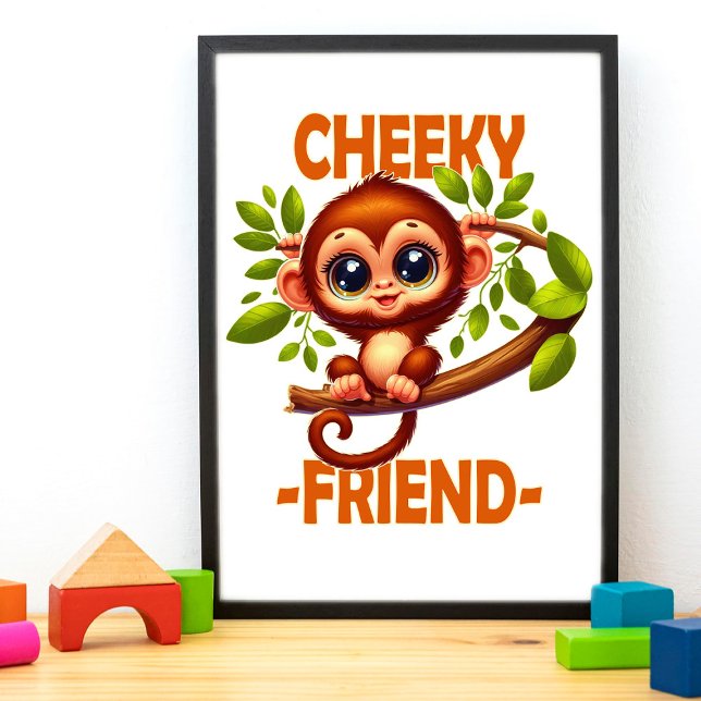 Cheeky Friend pun Cute Baby Monkey på träd tecknad Fototryck (Skapare uppladdad)