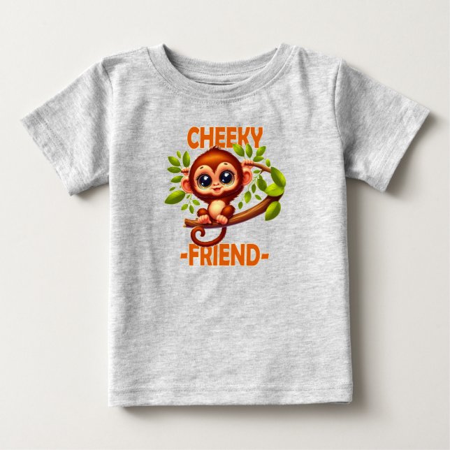 Cheeky Friend pun Cute Baby Monkey på träd tecknad T Shirt (Framsida)