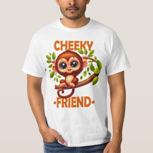 Cheeky Friend pun Cute Baby Monkey på träd tecknad T Shirt (Framsida)