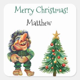 Cheeky jul Troll och Träd Delight Fyrkantigt Klistermärke