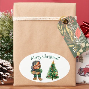 Cheeky jul Troll och Träd Delight Ovalt Klistermärke