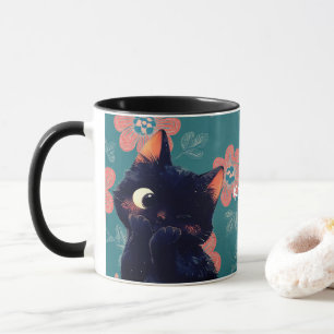 Cheeky Little Black Kitten med Blommigt Background Mugg