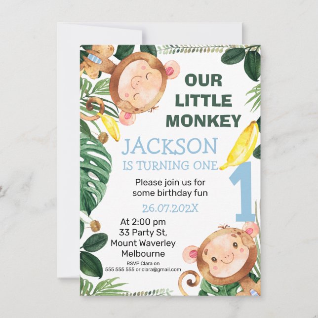 Cheeky Little Monkey Bananas Boys 1st Birthday Inbjudningar (Framsida)