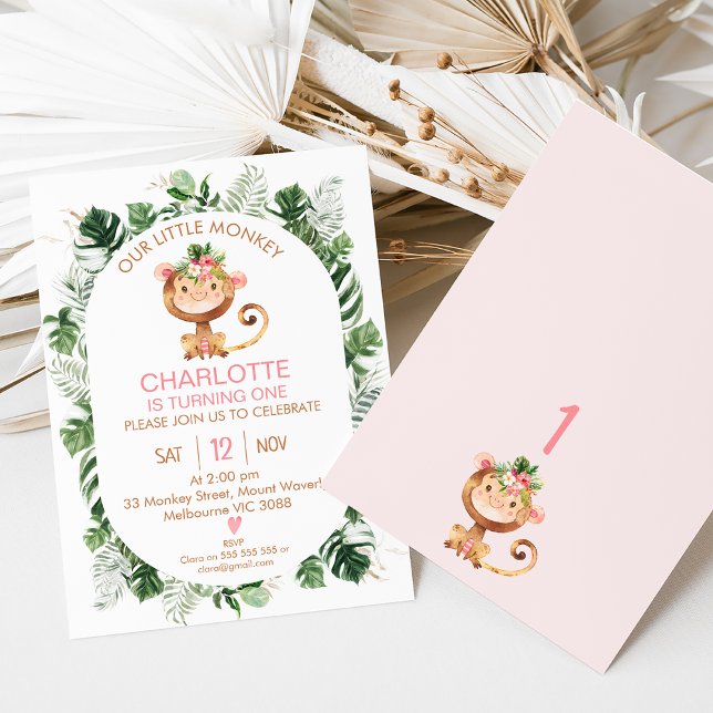 Cheeky Little Monkey Girls 1:a födelsedagsinbjudan Inbjudningar (Girl's little monkey first birthday invitation also featuring some greenery and tropical flowers.)