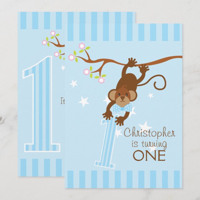 Cheeky Monkey Blue Rand 1:a födelsedagen Party Inbjudningar (Fram/baksida)