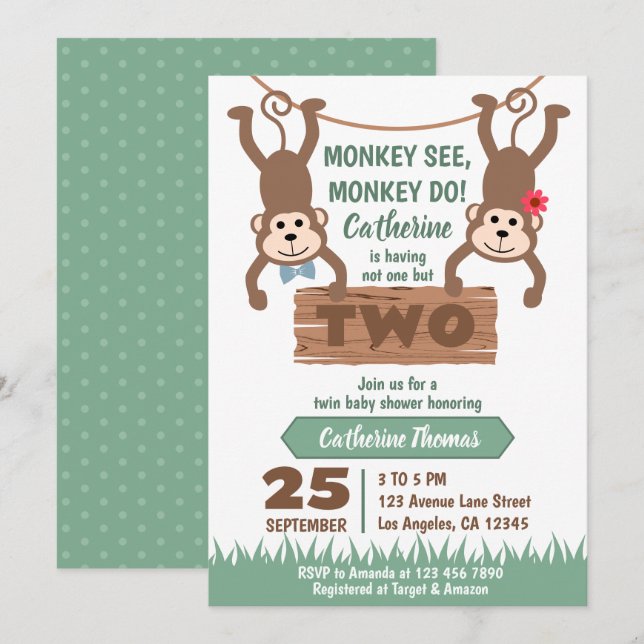 Cheeky Monkey Boy & Girl Twillingars Baby Shower Inbjudningar (Fram/baksida)