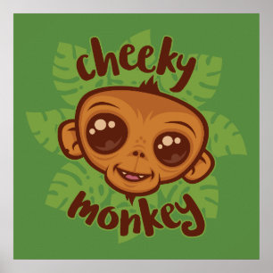 Cheeky Monkey Cute Tecknad Primat Teckning Poster