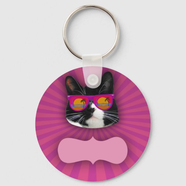 Cheeky Sunglasses Neon Tuxedo Cat Roligt Art Nyckelring (Framsida)