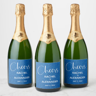 CHEER Blue Glitter Bröllop mousserande Vin-etikett