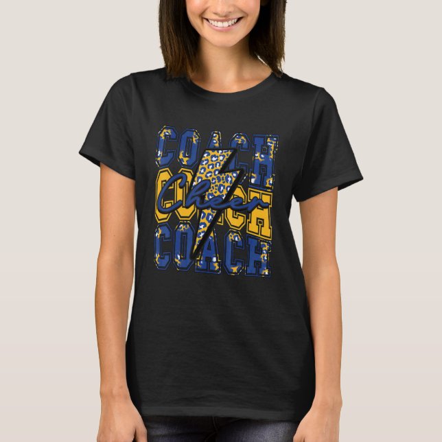 Cheer Coach Lightning Bolt Cheer Leopard Blue Gold T Shirt (Framsida)