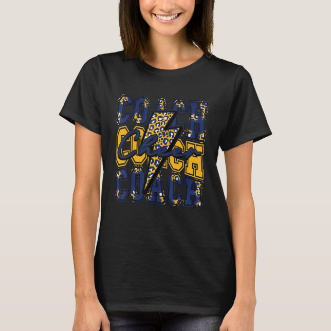 Cheer Coach Lightning Bolt Cheer Leopard Navy Gold T Shirt (Framsida)