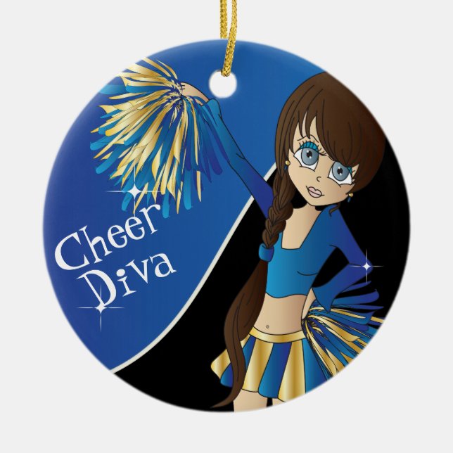Cheer 📣 💖 Diva Blue CheerLeader Girl Julgransprydnad Keramik (Framsidan)
