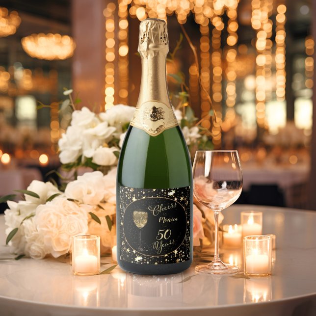 Cheer för 50 år Elegant Black och Guld Birthday (Cheer for 50 Years Elegant Black and Gold Birthday Sparkling Wine Label)
