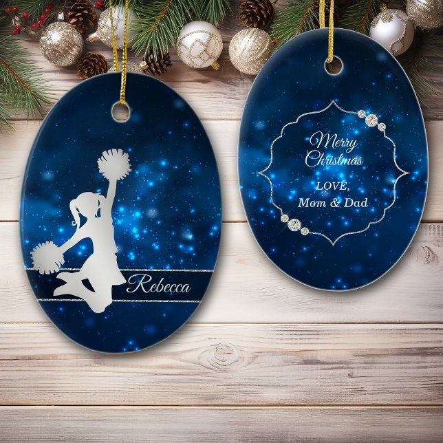 Cheer för elegant Blue Ljus Silver Cheer Leader Julgransprydnad Keramik (Skapare uppladdad)