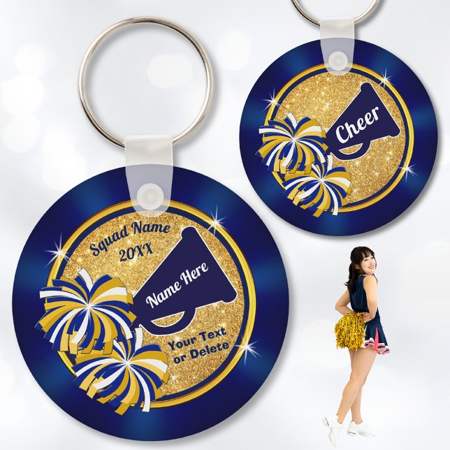 Cheer Gift Ideas Competition eller Cheer Favors Nyckelring (Cheap, Cheerleading Souvenirs. Cheer squad gift ideas or Cheerleading Championship Gifts. Blue Gold.)