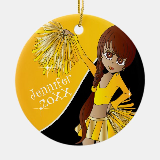 Cheer 📣 💖 Golden Gult CheerLeader Girl Julgransprydnad Keramik (Framsidan)
