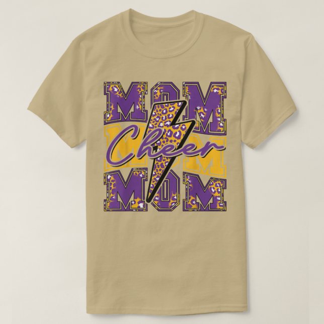 Cheer Mamma Blixt Bolt Cheer Leopard Lila Guld T Shirt (Design framsida)