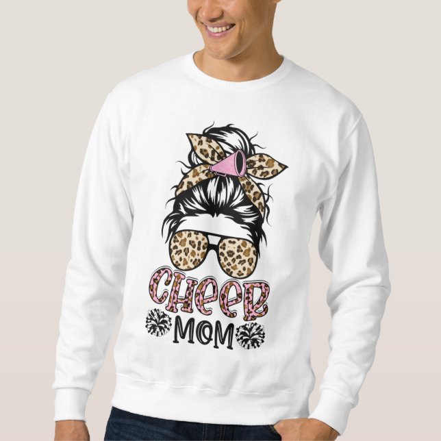 Cheer Mamma Leopard Messy Bun Cheerledare Funny Mo Lång Ärmad Tröja (Framsida)