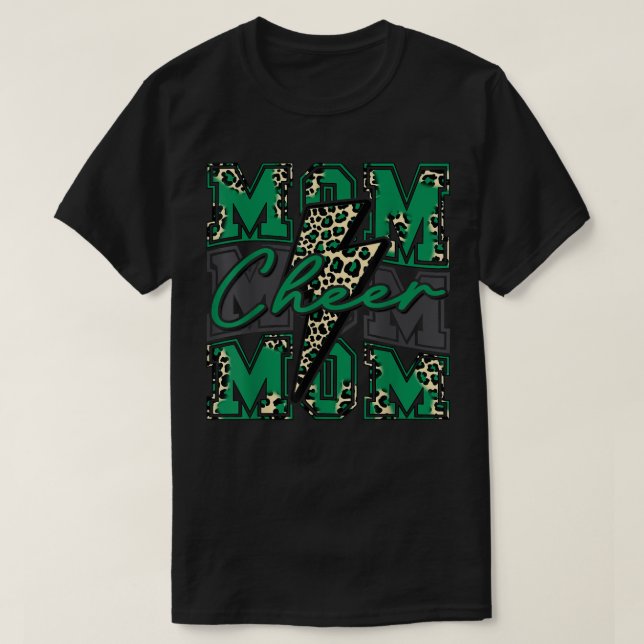 Cheer Mamma Lightning Bolt Cheer Leopard Ljust grö T Shirt (Design framsida)