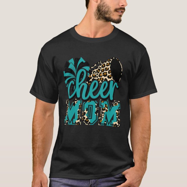 Cheer Mamma Teal Leopard Cheer Poms & Megafone T Shirt (Framsida)