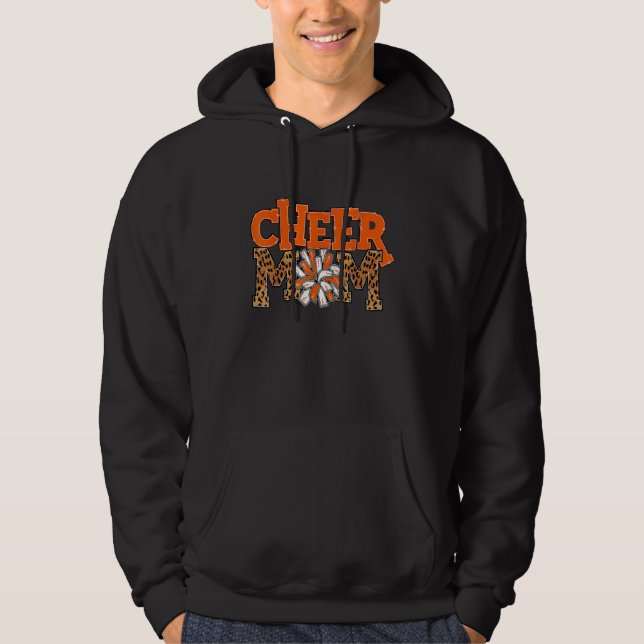 Cheer Mom Leopard with Orange and White Pom Poms Hoodie (Framsida)