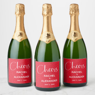 CHEER Red Glitter Bröllop Champagne Labels