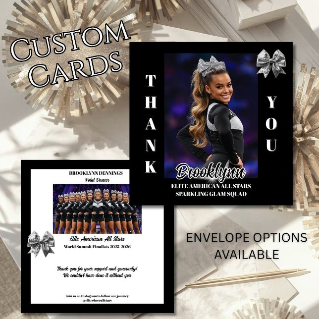 Cheer Team Cheerleader Thank You Cards Tack Kort (Cheerleader thank you cards for cheer, dance or gymnastics teams. Thank your sponsors and supporters)