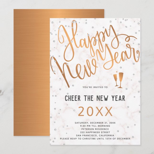 Cheer the New Year Metallic Copper Marble Party Inbjudningar (Fram/baksida)