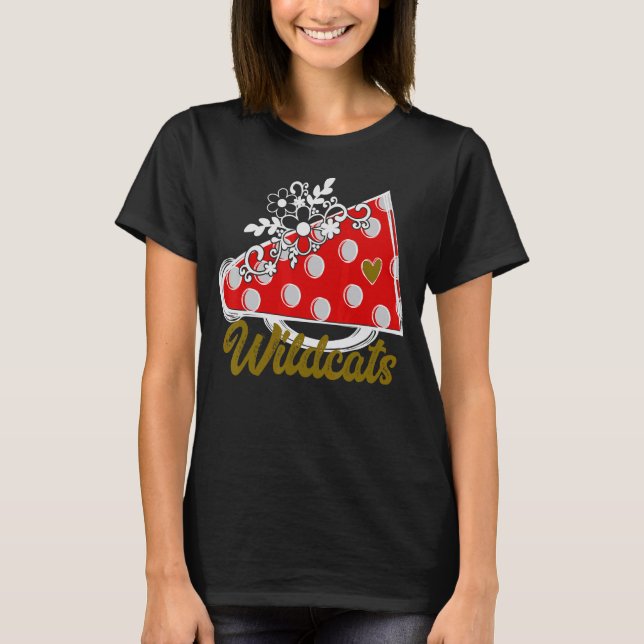 Cheer WILDCATS  Red Megaphone Heart Flower Accent T Shirt (Framsida)