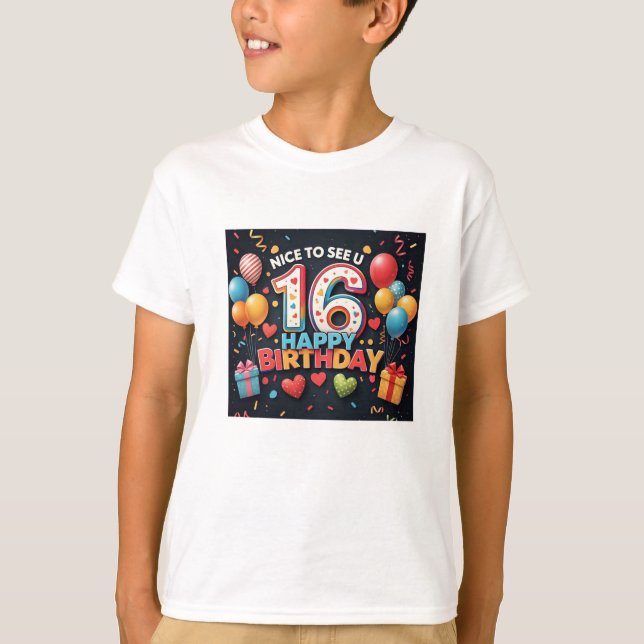 Cheerful 16:e födelsedagen Hälsning med Heart Boys T Shirt (Framsida)
