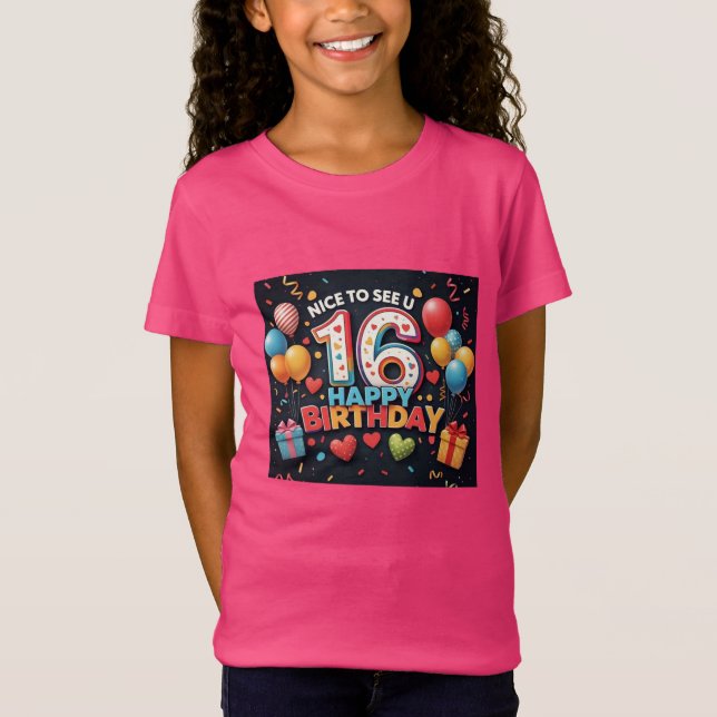 Cheerful 16:e födelsedagen Hälsning med Heart Girl T Shirt (Framsida)