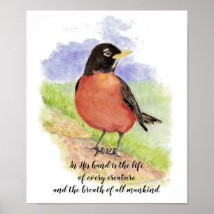 Cheerful American Robin Watercolor Bible Scripture Poster
