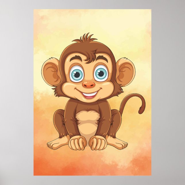 Cheerful Baby Monkey - Baby Tecknad Art Poster (Framsidan)