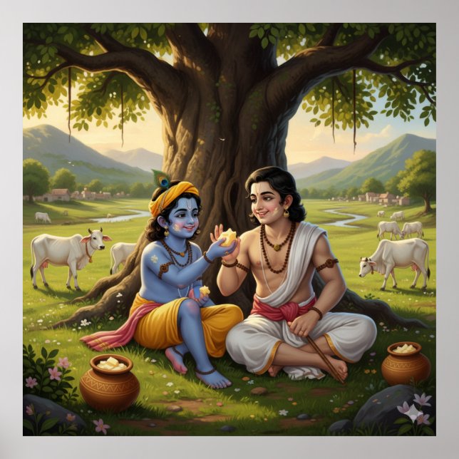 Cheerful Bala Krishna med Balarama Poster (Framsidan)