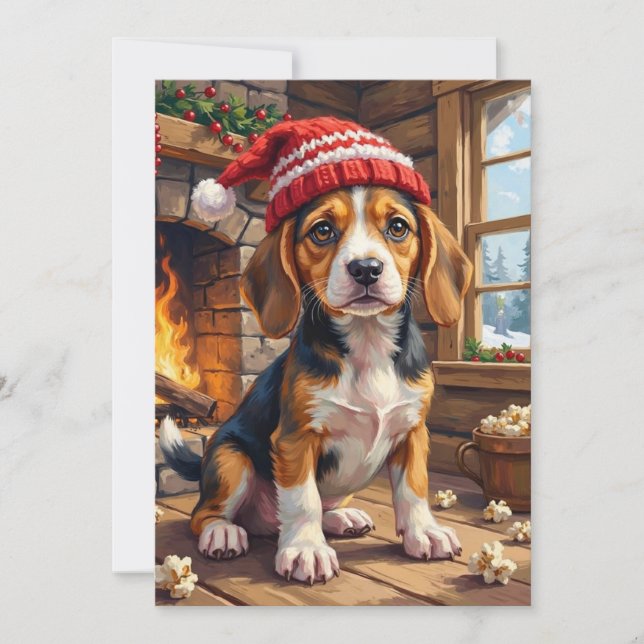 Cheerful Beagle Puppy in Stocking Cap Cozy Julkort (Framsida)