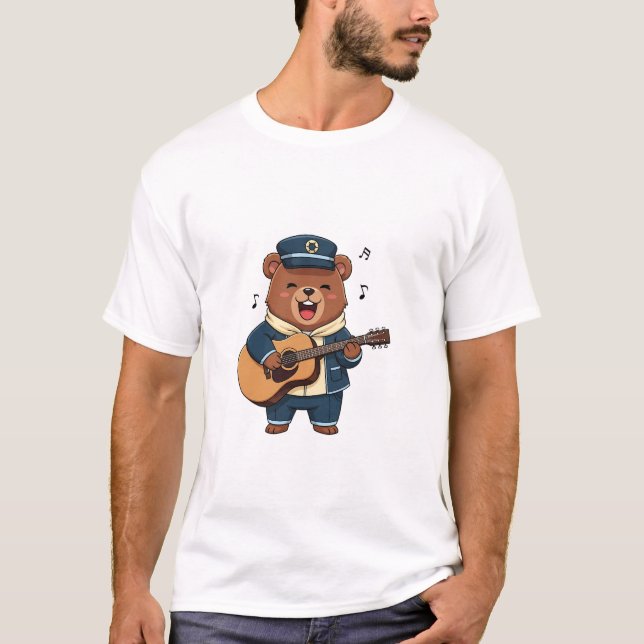 Cheerful Bear Captain Playing Acoustic Guitar T Shirt (Framsida)