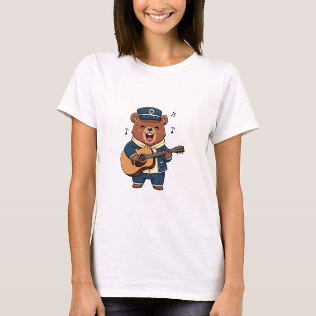 Cheerful Bear Captain Playing Acoustic Guitar T Shirt (Framsida)