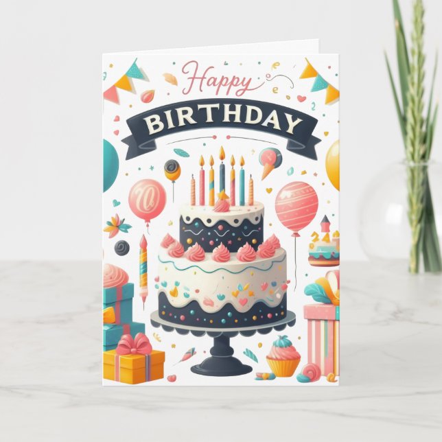 Cheerful Birthday Celebration Cake & Balloons Kort (Framsida)