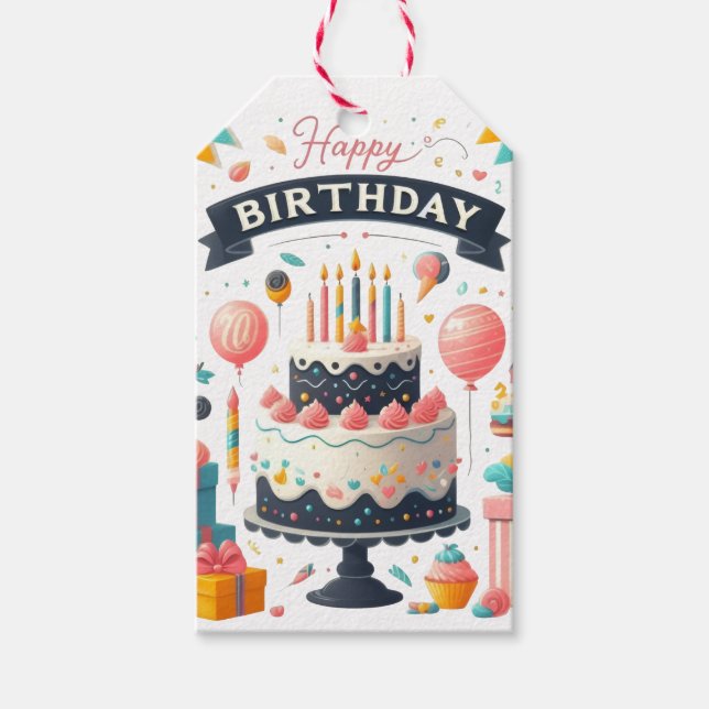 Cheerful Birthday Celebration Cake & Balloons Presentetikett (Framsidan)