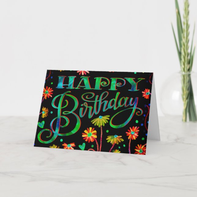 Cheerful Black Blommigt Lycklig Trendig Birthday Kort (Framsida)