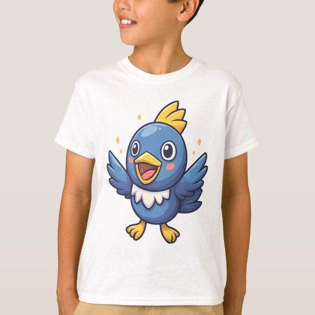 Cheerful Blue Bird Cartoon in Pokémon-Inspired  T Shirt (Framsida)