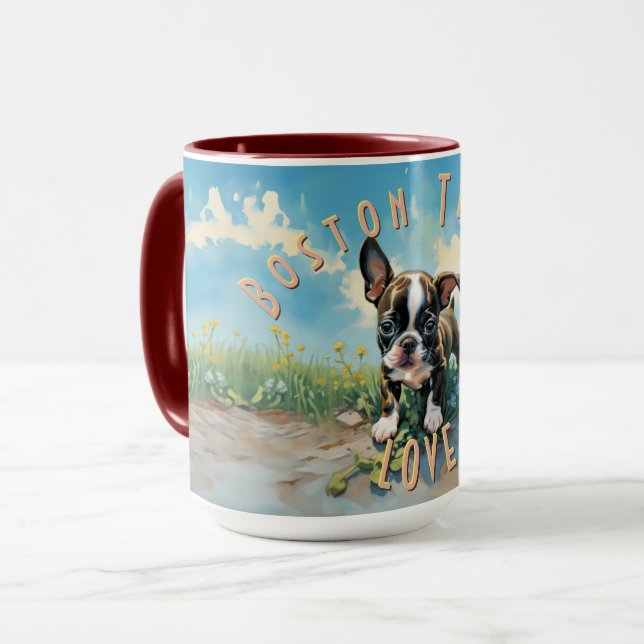 Cheerful Boston Terrier Kärlek Coffee Mugg (Framsida vänster)